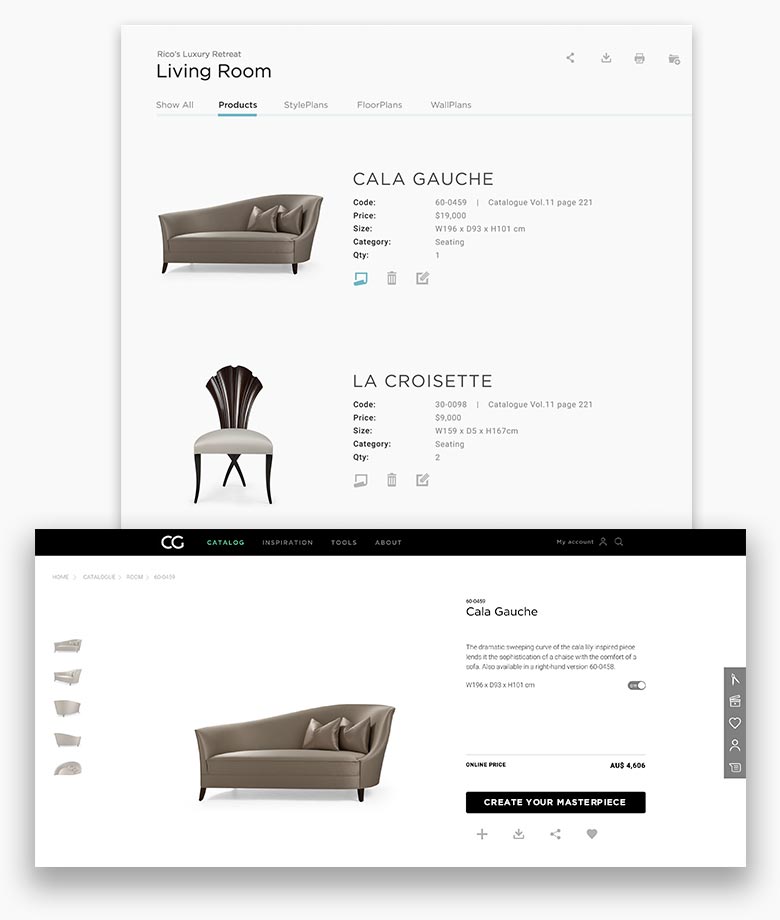 Organice sus propuestas por proyectos. Cree archivos de proyecto personalizados con descripciones de productos, de tejido y códigos.